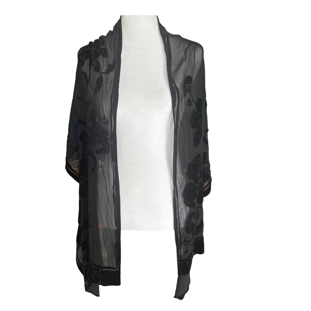 Vintage Whimsigoth Witchy Echo Black Velvet Burnout Floral Scarf Chiffon Shawl